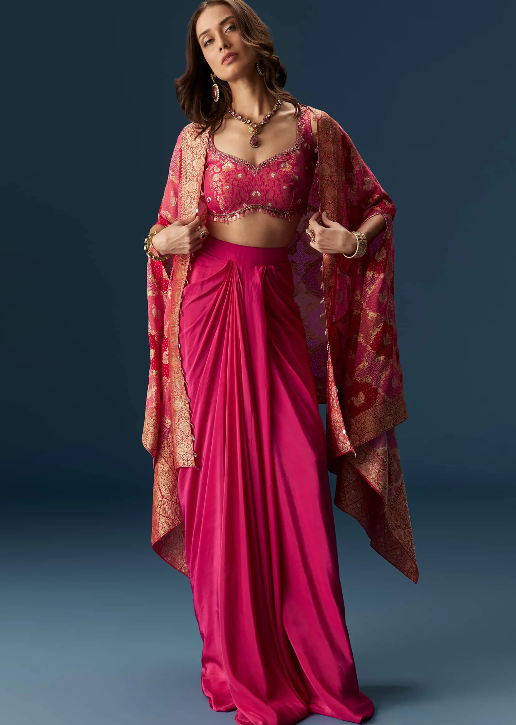 Rani Pink Embellished Blouse And Drape Skirt Set With Statement Cape