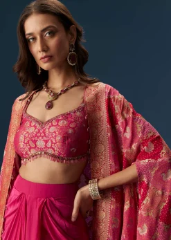 Rani Pink Embellished Blouse And Drape Skirt Set With Statement Cape