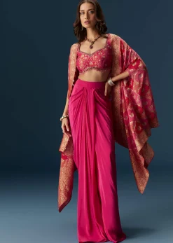 Rani Pink Embellished Blouse And Drape Skirt Set With Statement Cape