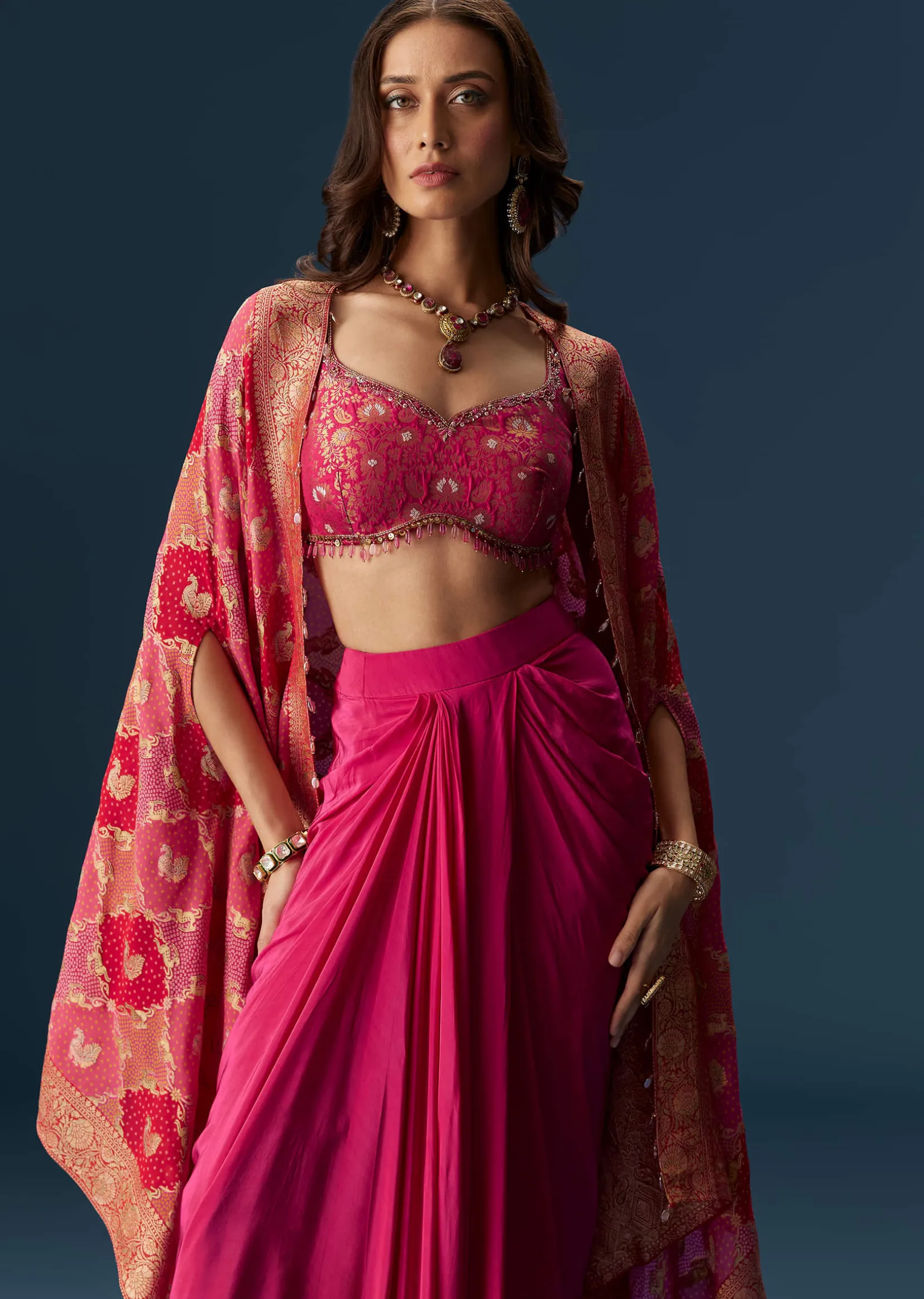 Rani Pink Embellished Blouse And Drape Skirt Set With Statement Cape