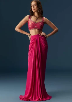 Rani Pink Embellished Blouse And Drape Skirt Set With Statement Cape