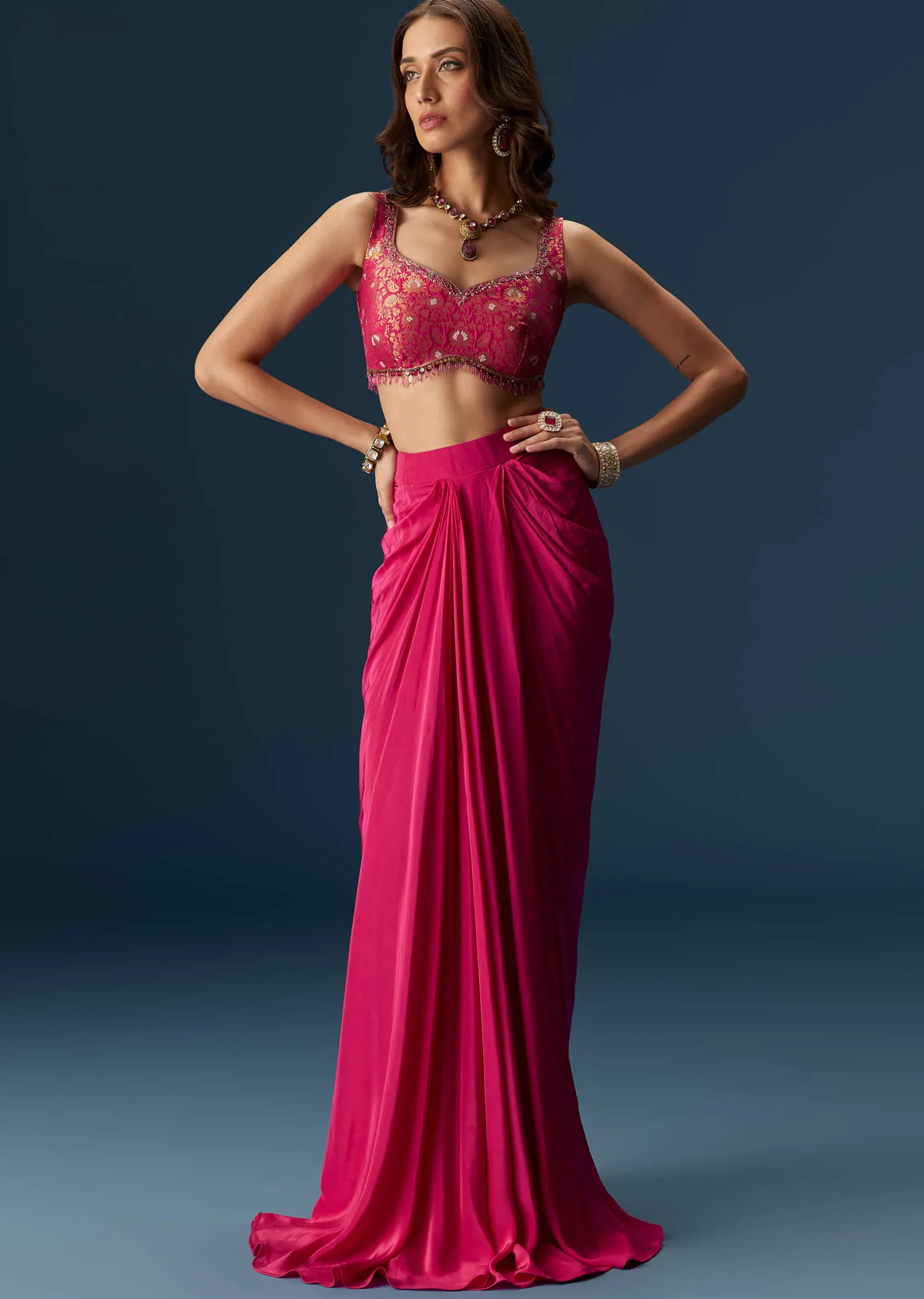 Rani Pink Embellished Blouse And Drape Skirt Set With Statement Cape