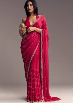 Rani Pink Embroidered Chinon Saree With Cut Dana