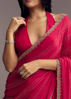 Rani Pink Embroidered Chinon Saree With Cut Dana