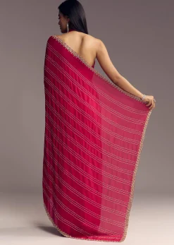 Rani Pink Embroidered Chinon Saree With Cut Dana