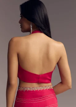 Rani Pink Embroidered Chinon Saree With Cut Dana