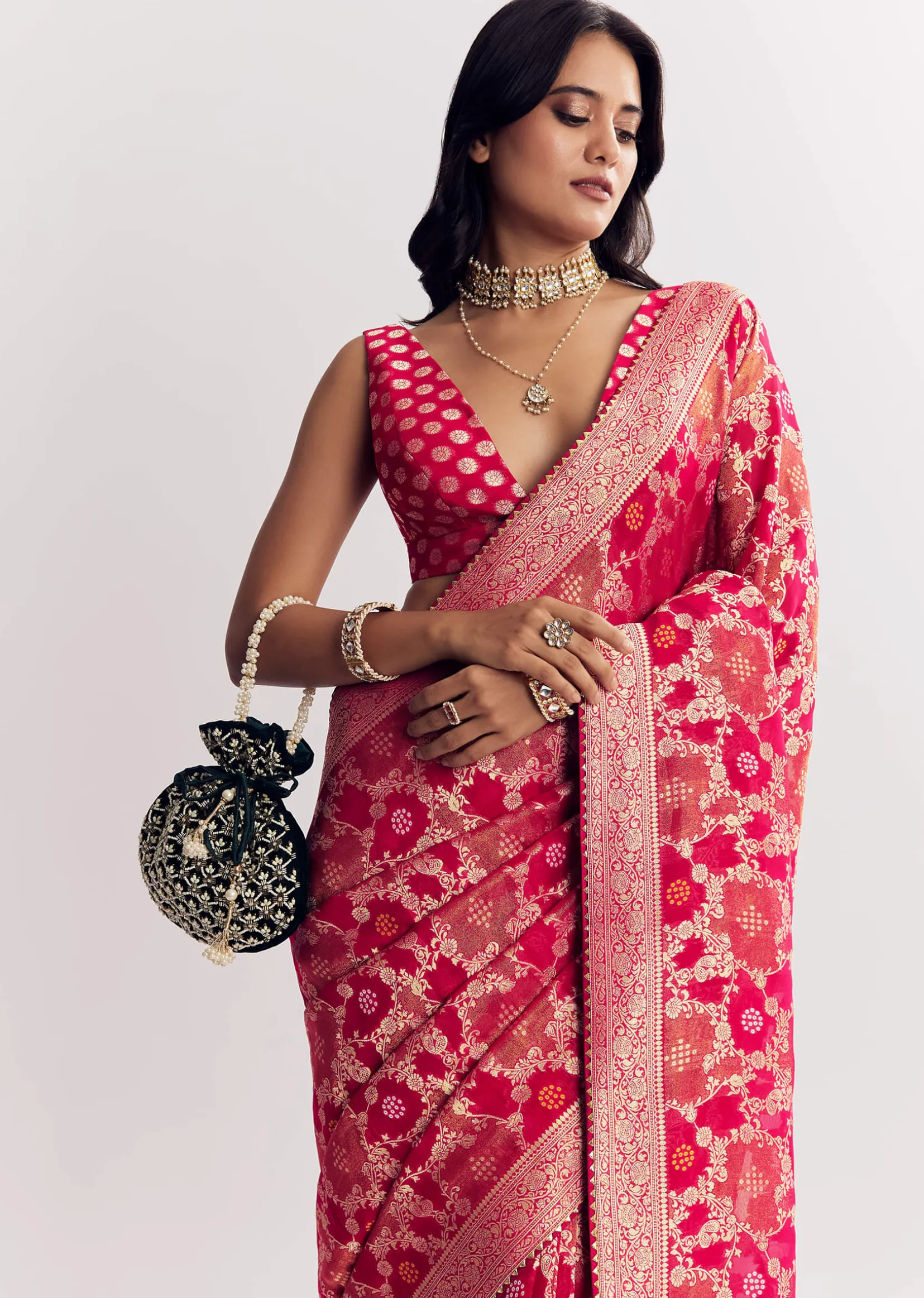 Rani Pink Georgette Saree With Zari Jaal Work