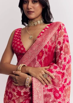 Rani Pink Georgette Saree With Zari Jaal Work