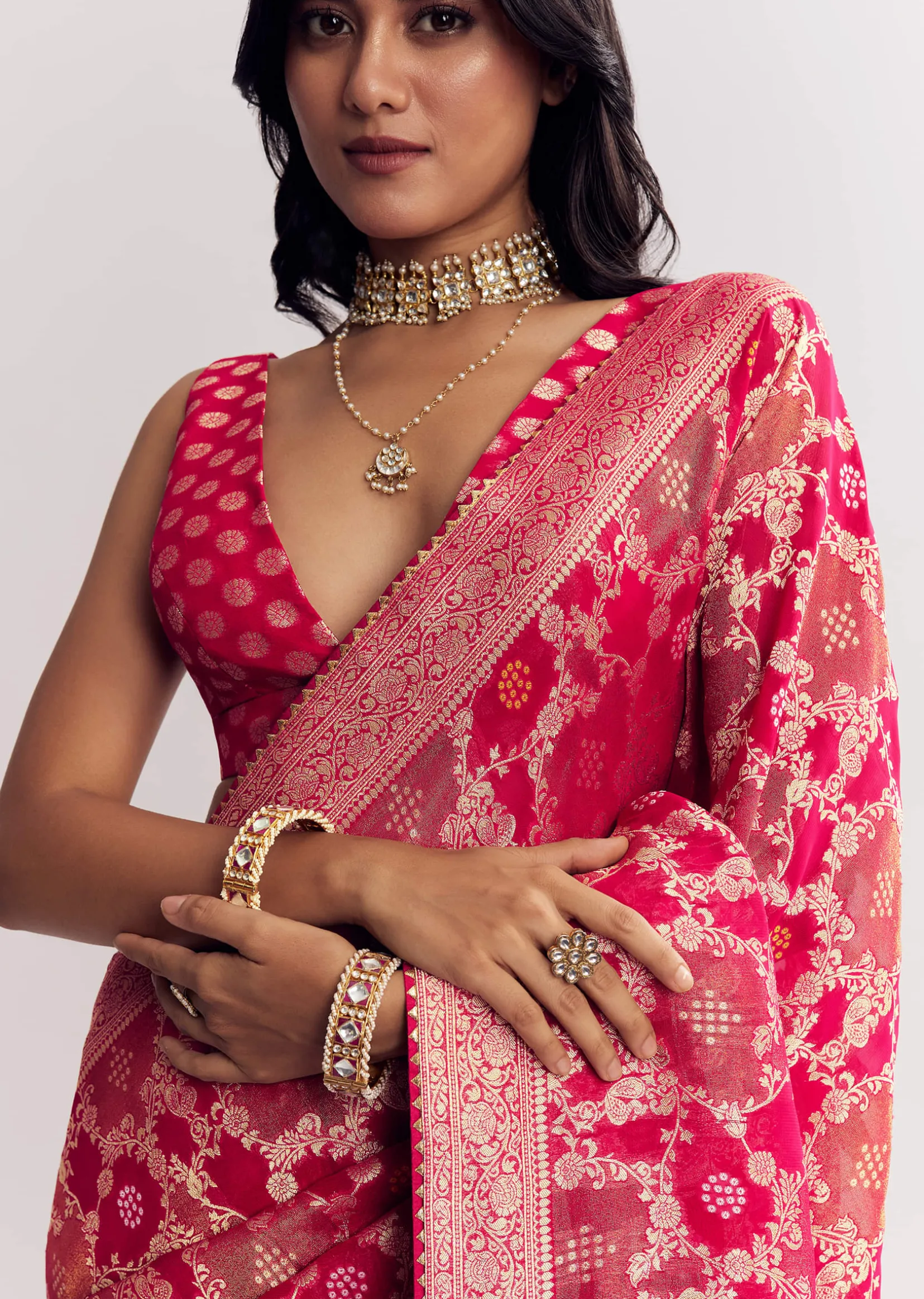 Rani Pink Georgette Saree With Zari Jaal Work