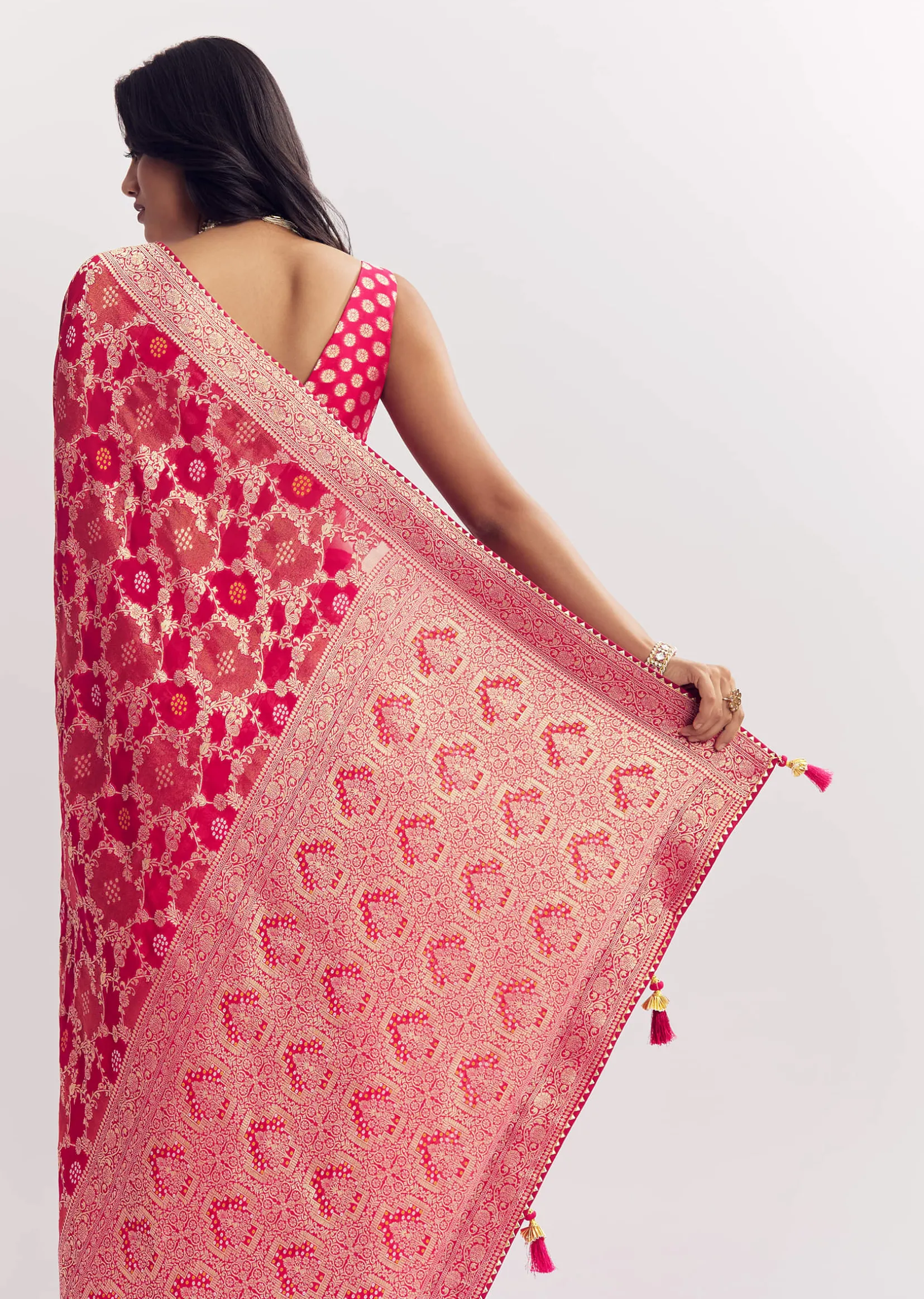 Rani Pink Georgette Saree With Zari Jaal Work