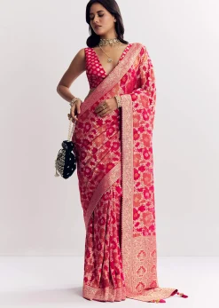 Rani Pink Georgette Saree With Zari Jaal Work