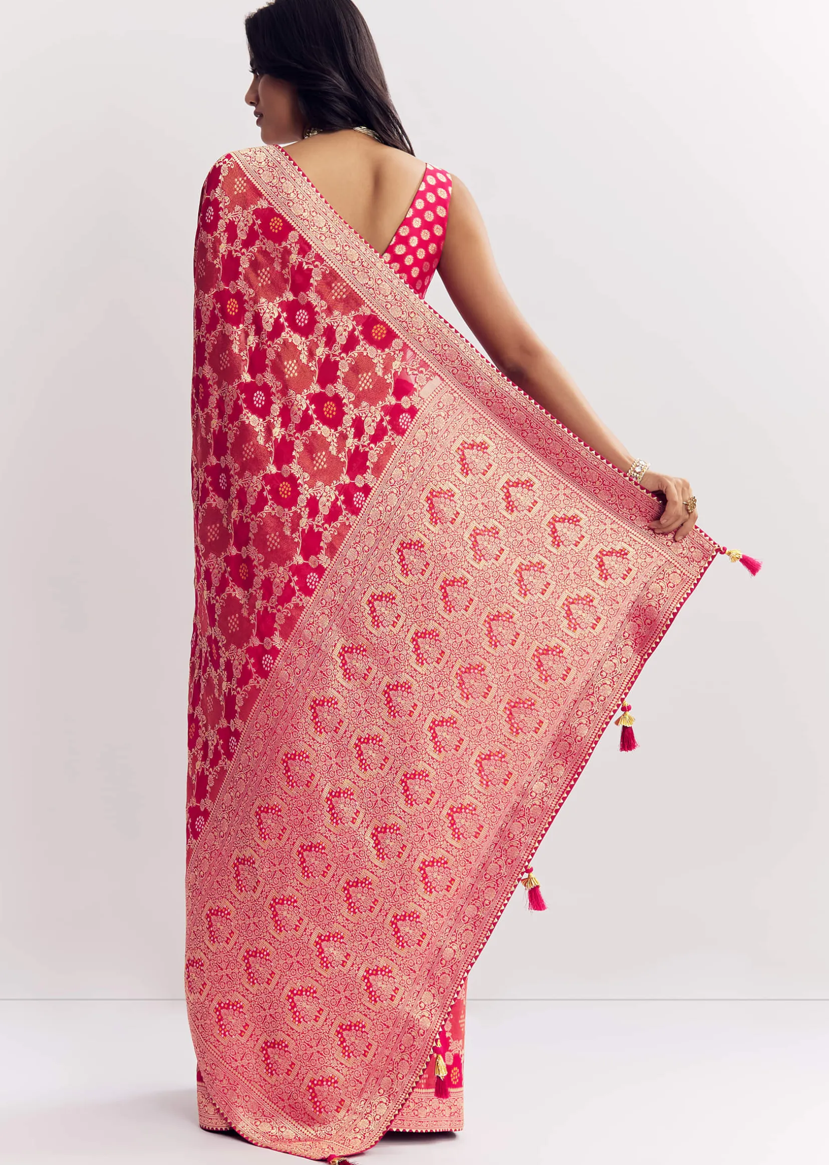 Rani Pink Georgette Saree With Zari Jaal Work