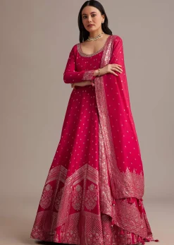 Rani Pink Gold Weave Anarkali Set With Banarasi Dupatta