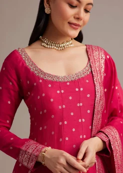 Rani Pink Gold Weave Anarkali Set With Banarasi Dupatta