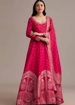 Rani Pink Gold Weave Anarkali Set With Banarasi Dupatta