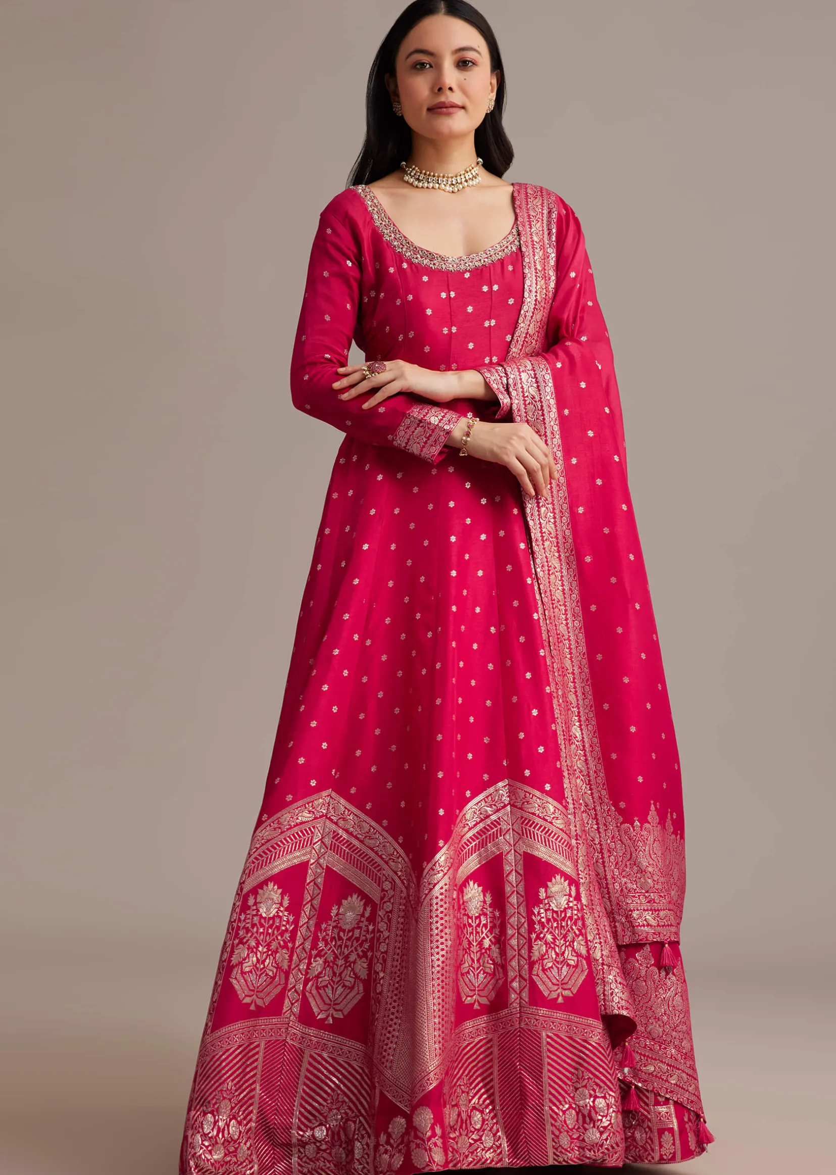 Rani Pink Gold Weave Anarkali Set With Banarasi Dupatta