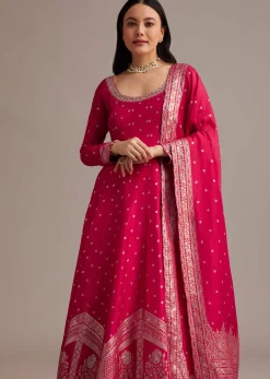 Rani Pink Gold Weave Anarkali Set With Banarasi Dupatta