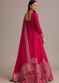 Rani Pink Gold Weave Anarkali Set With Banarasi Dupatta
