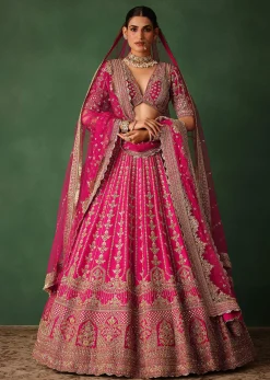 Rani Pink Hand Embroidered Lehenga With Blouse And Dupatta