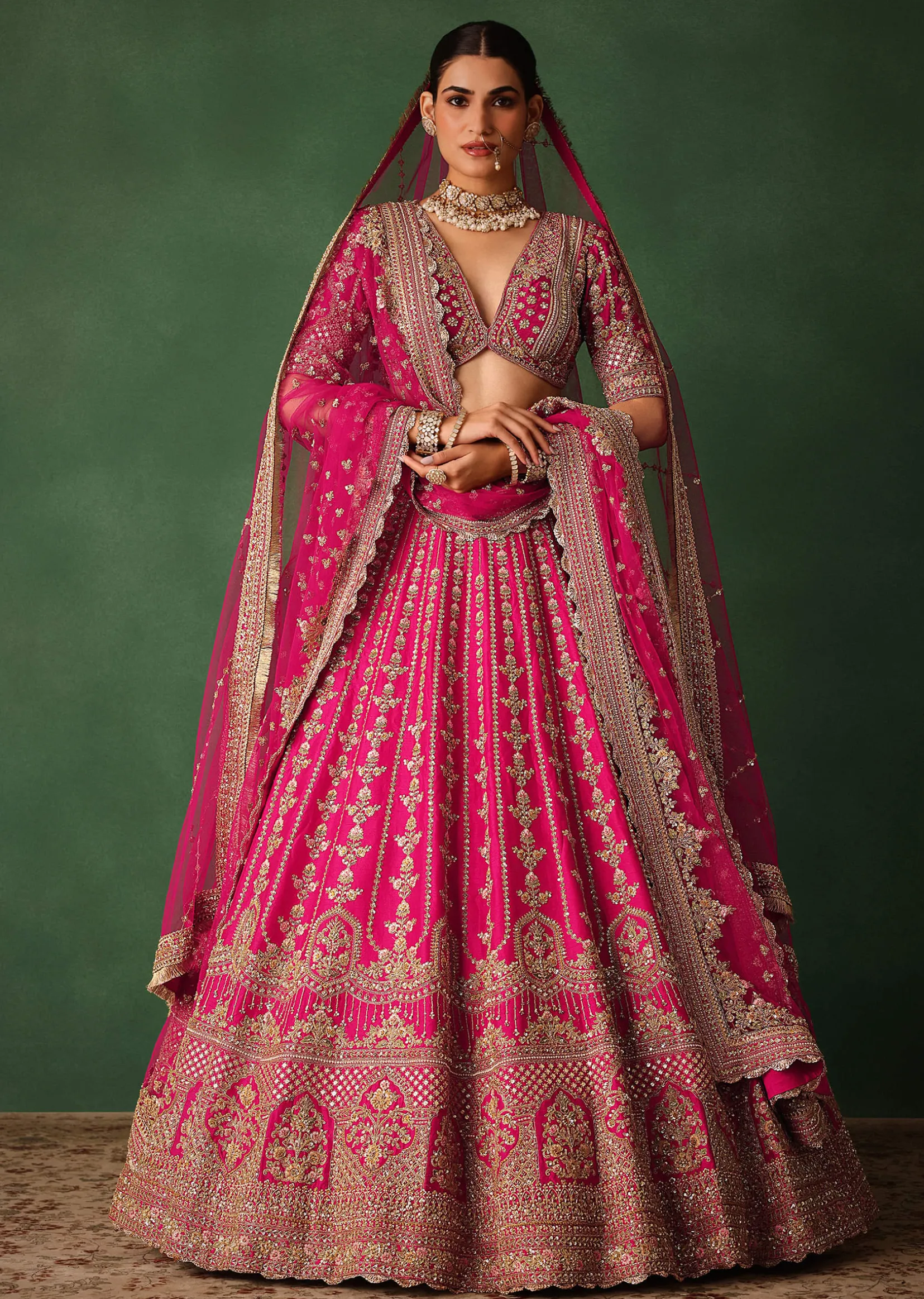 Rani Pink Hand Embroidered Lehenga With Blouse And Dupatta