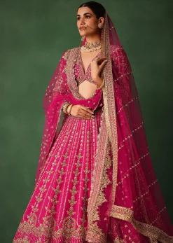 Rani Pink Hand Embroidered Lehenga With Blouse And Dupatta