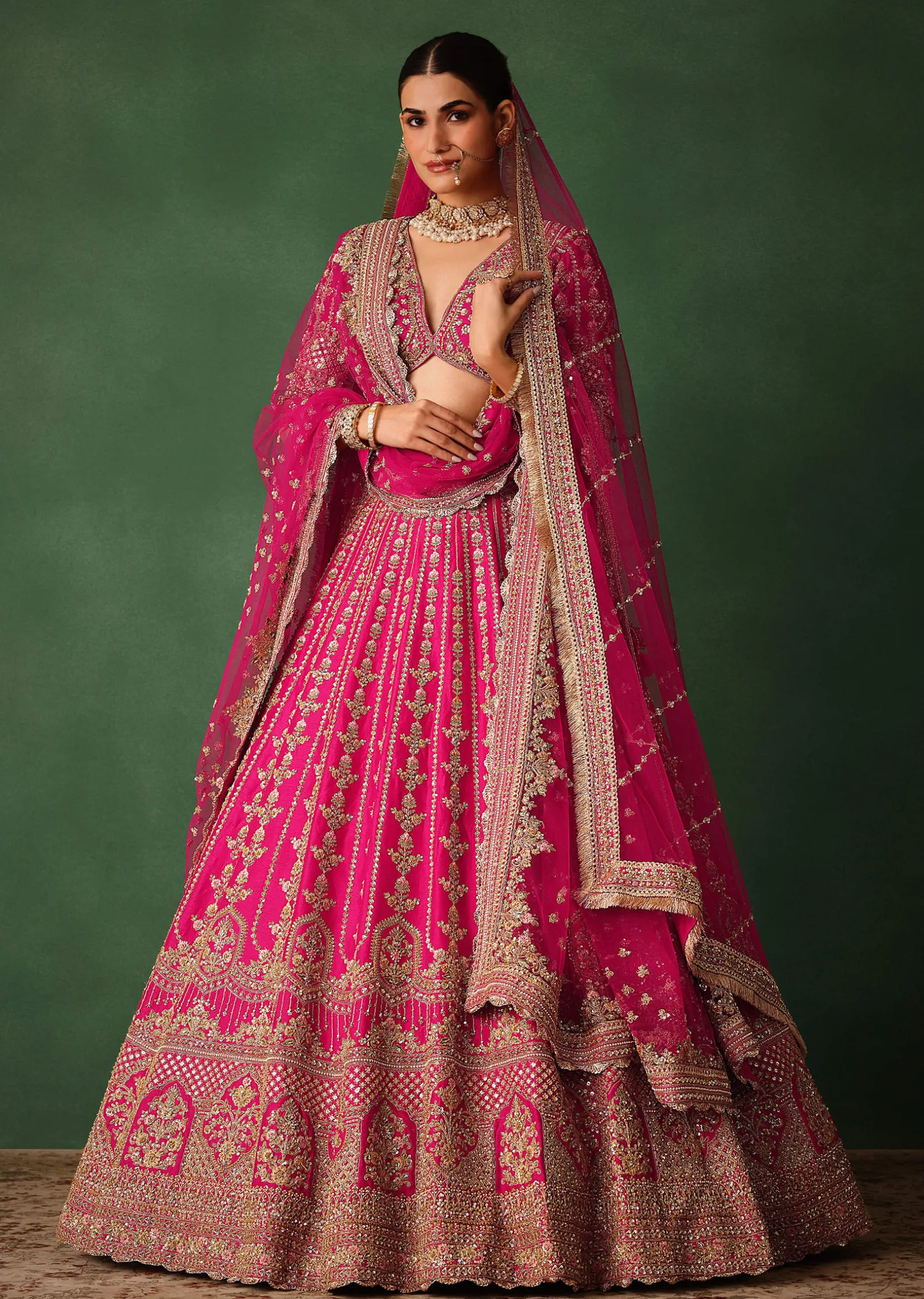 Rani Pink Hand Embroidered Lehenga With Blouse And Dupatta