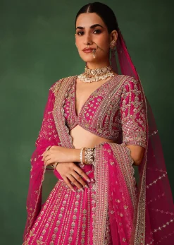 Rani Pink Hand Embroidered Lehenga With Blouse And Dupatta
