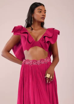 Rani Pink Hand Worked Lehenga And Blouse In Crepe With Embroidered Belt
