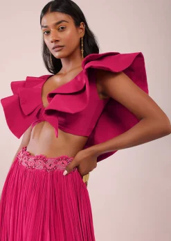 Rani Pink Hand Worked Lehenga And Blouse In Crepe With Embroidered Belt