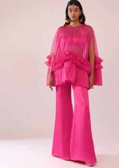 Rani Pink In Organza Frill Jacket & Pant Set With Bustier