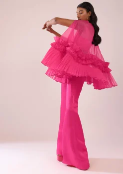 Rani Pink In Organza Frill Jacket & Pant Set With Bustier
