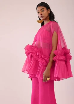 Rani Pink In Organza Frill Jacket & Pant Set With Bustier