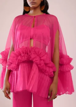 Rani Pink In Organza Frill Jacket & Pant Set With Bustier