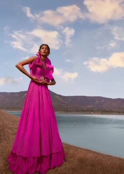 Rani Pink Indo-Western Crepe Gown With Patchwork On The Neckline