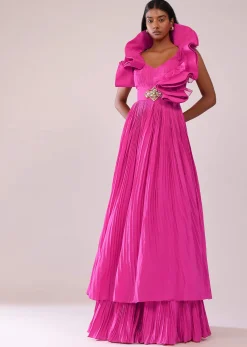 Rani Pink Indo-Western Crepe Gown With Patchwork On The Neckline