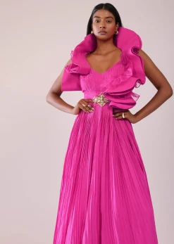 Rani Pink Indo-Western Crepe Gown With Patchwork On The Neckline