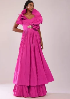 Rani Pink Indo-Western Crepe Gown With Patchwork On The Neckline