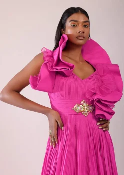 Rani Pink Indo-Western Crepe Gown With Patchwork On The Neckline