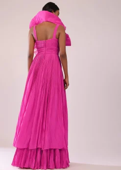 Rani Pink Indo-Western Crepe Gown With Patchwork On The Neckline