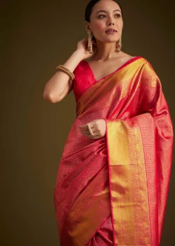 Rani Pink Kanjivaram Silk Saree With Golden Zari Detailing