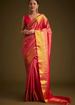 Rani Pink Kanjivaram Silk Saree With Golden Zari Detailing