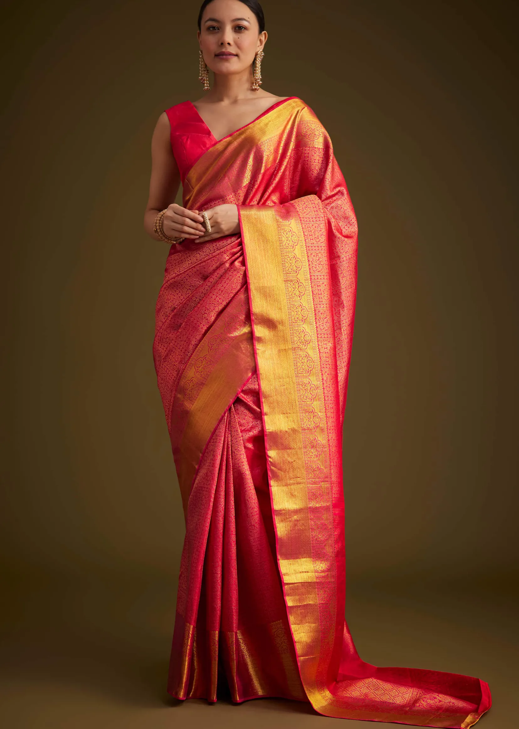 Rani Pink Kanjivaram Silk Saree With Golden Zari Detailing
