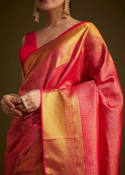 Rani Pink Kanjivaram Silk Saree With Golden Zari Detailing