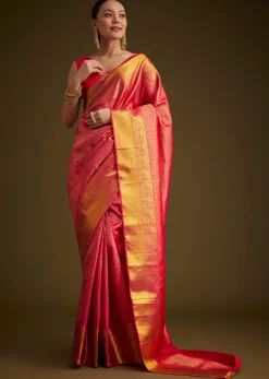 Rani Pink Kanjivaram Silk Saree With Golden Zari Detailing