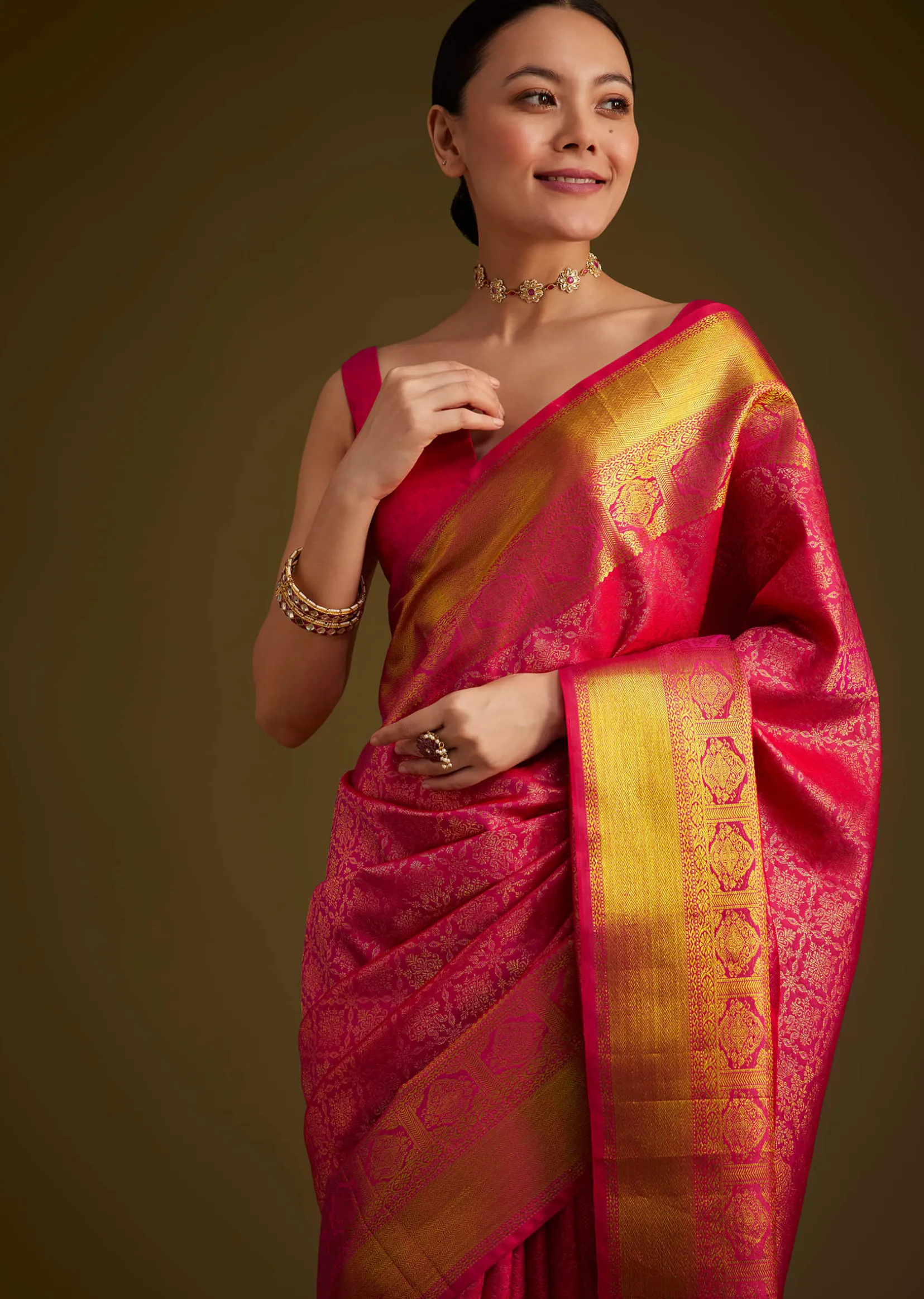 Rani Pink Kanjivaram Silk Saree With Golden Zari Border
