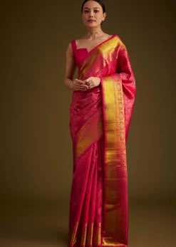 Rani Pink Kanjivaram Silk Saree With Golden Zari Border