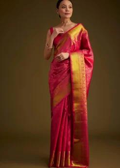 Rani Pink Kanjivaram Silk Saree With Golden Zari Border