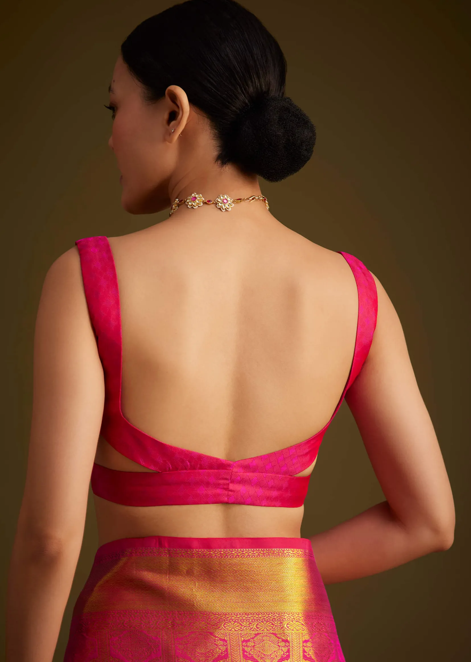 Rani Pink Kanjivaram Silk Saree With Golden Zari Border
