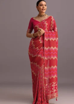 Rani Pink Khaddi Georgette Woven Saree With Gotta Patti Border
