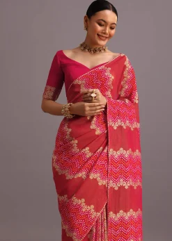 Rani Pink Khaddi Georgette Woven Saree With Gotta Patti Border
